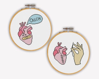 Ensemble de motifs coeurs au point de croix PDF, point de croix drôle, anatomie brodée à la main, coeur Xstitch - téléchargement immédiat