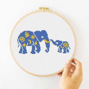 Padrão de ponto cruz de elefante bebê, ponto cruz de mãe e bebê, ponto cruz de berçário boho para crianças, ponto X animal, bordado à mão de selva