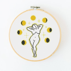 Patrón de punto de cruz "Body Positive" (PDF), Fases lunares en punto de cruz, Bordado a mano con líneas de mujer, Punto de cruz bohemio femenino, Carta celestial abstracta