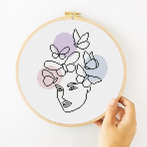 Woman Face Cross Stitch Pattern PDF, Butterfly Girl Line Hand Embroidery, Boho Cross Stitch, Female Xstitch, Cute Cross Stitch Chart