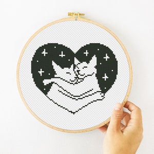 Cats In Love Cross Stitch Pattern PDF, Cute Animal Xstitch, Romantic Heart Hand Embroidery image 1