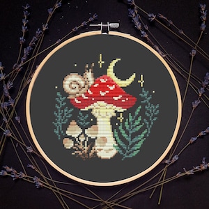 Paddenstoel kruissteekpatroon pdf, slak kruissteek, bos handborduurwerk, mystieke bos xstitch - direct downloaden