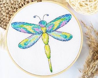 Dragonfly Cross Stitch Pattern PDF, Watercolor Insect Cross Stitch Chart, Animal Xstitch Chart, Colorful Hand Embroidery, Dragonfly Xstitch