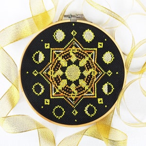 Sun Cross Stitch Pattern PDF, Celestial Mandala Cross Stitch Chart, Boho Moon Phases Hand Embroidery, Witchy Xstitch, Geomertic Cross Stitch