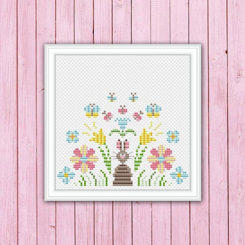 CROSS STITCH CHART SPRING RABBIT BUNNY FLORAL FLOWER CHART