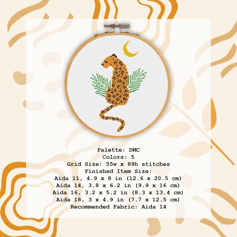 Leopard Cross Stitch Pattern PDF, Animal And Moon Cross Stitch, Boho Hand Embroidery, Wild Animal Xstitch, Jungle Animal Cross Stitch image 2