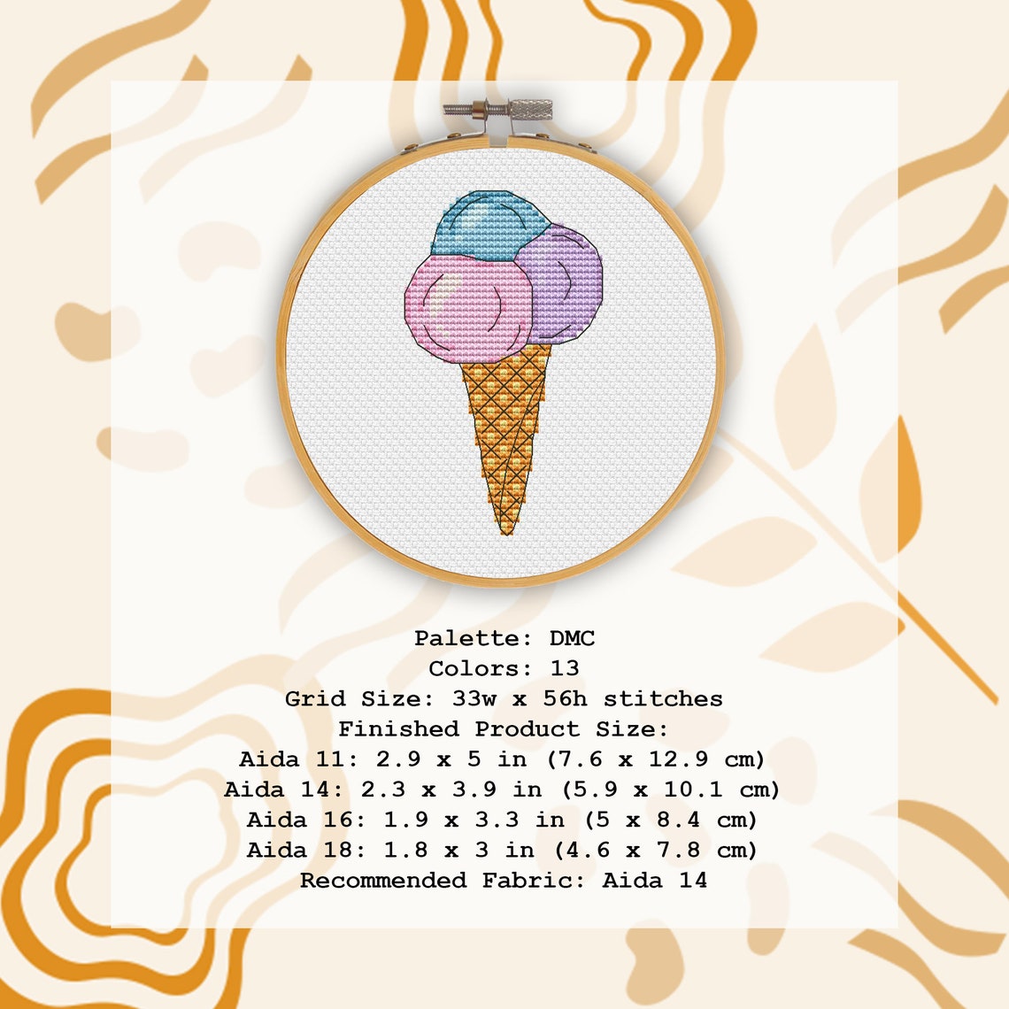 Ice Cream Cone Cross Stitch Pattern PDF Kitchen Hand Etsy