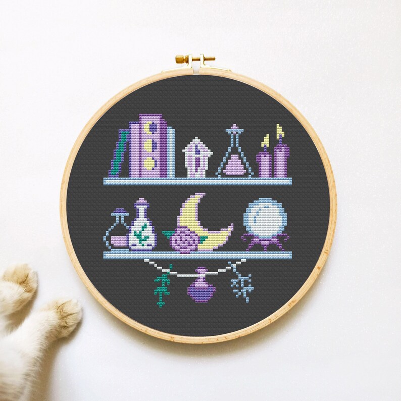 Witch Shelf Cross Stitch Pattern PDF, Magic Cross Stitch, Witchy Hand Embroidery, Cute Xstitch Instant Download image 1