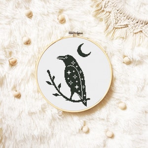 Raven Cross Stitch Patroon PDF, Heks Cross Stitch, Gotische Cross Stitch, Halloween Xstitch, Witchy Bird Hand Borduren, Hemelse Xstitch afbeelding 8