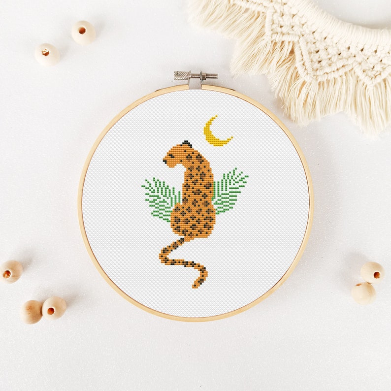 Leopard Cross Stitch Pattern PDF, Animal And Moon Cross Stitch, Boho Hand Embroidery, Wild Animal Xstitch, Jungle Animal Cross Stitch image 6