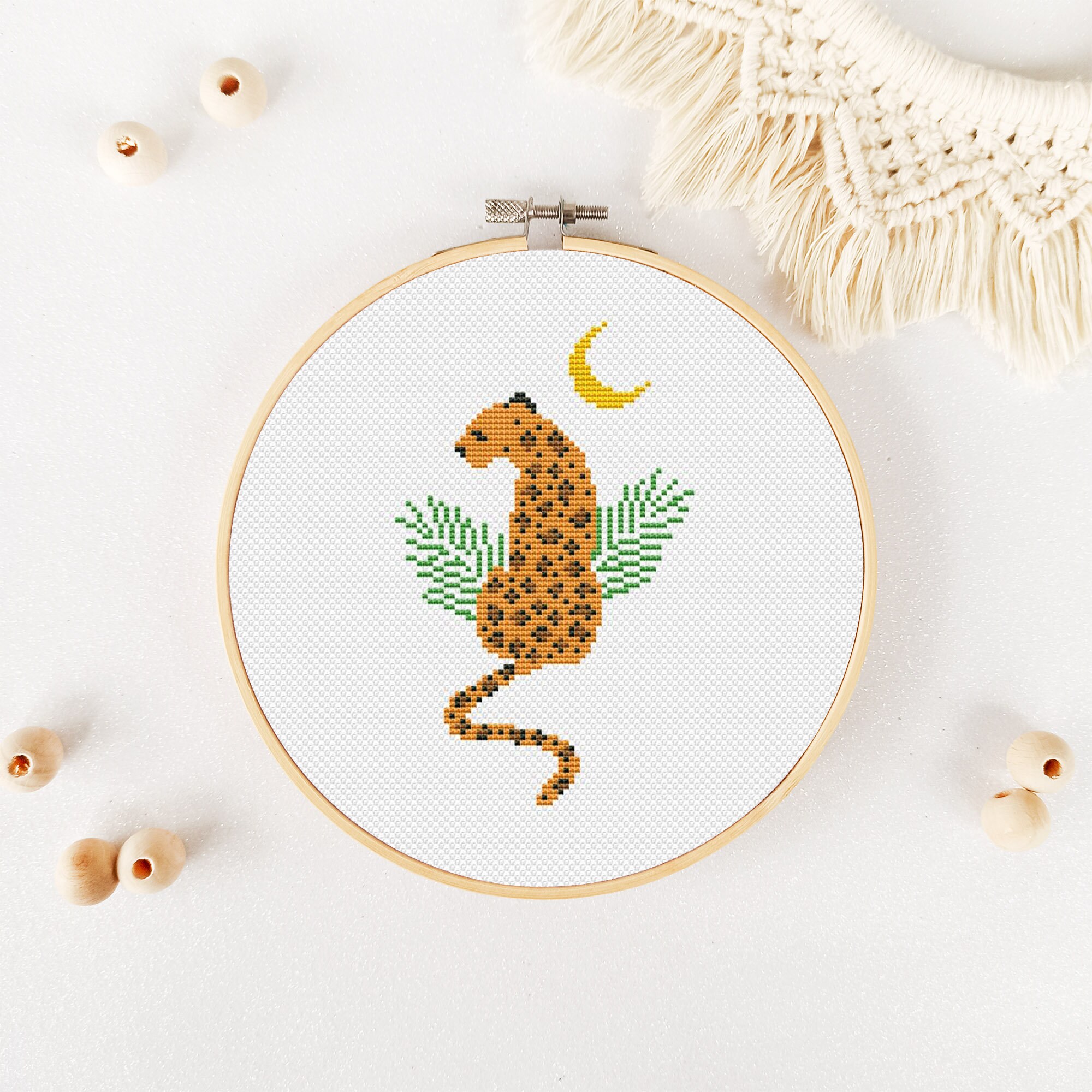 Leopard Cross Stitch Pattern PDF, Animal and Moon Cross
