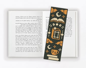 Marque-page motif PDF, point de croix gothique, broderie à la main céleste, sorcière au point de croix, lecture Xstitch, grille de livre bohème