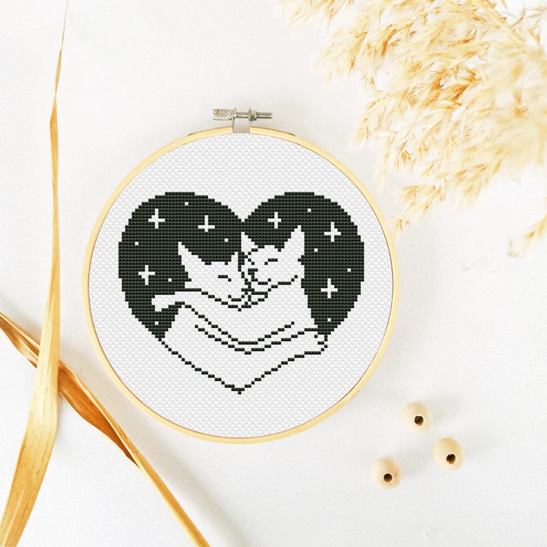 Cats In Love Cross Stitch Pattern PDF, Cute Animal Xstitch, Romantic Heart Hand Embroidery image 9