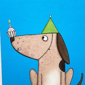 Geburtstagskarte, Hundekarte, unisex Karte, Papas Geburtstag, Opas Geburtstag, Hundebesitzer Karte, Jungen, Mädchen, illustrierte Figur, Kuchen.