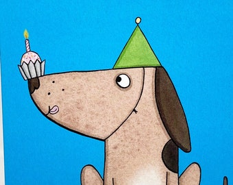 Happy Birthday card, Dog card, unisex card, Dads birthday, Grandads birthday, dog owner card, boys, girls, illustrated character, cake.