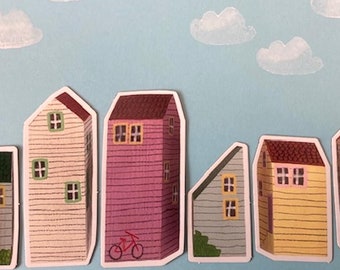 Fridge village, houses magnet set, village magnets, handmade, small gift, stocking filler, small houses, post able gift, quirky gift.