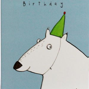 Joyeux anniversaire de la carte. Ours polaire dans un chapeau de fête. Ours d’anniversaire. Personnage illustré.