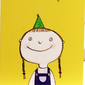 Alles Gute zum Geburtstag Mädchen Karte. Illustrierte Figur. Kindergeburtstag. Grüner Partyhut.
