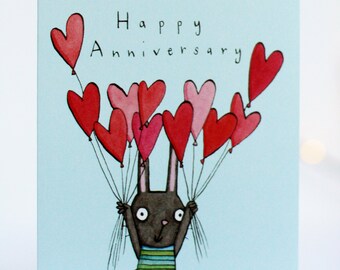Happy Anniversary. Love hearts. Rabbit. Love you. Heart balloons. Hand drawn illustrated card. couple, partner, husband, wife.