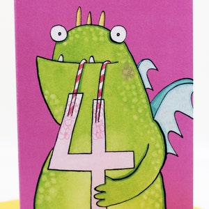 Vierter Geburtstag, Happy Birthday, vier Jahre alt, Kindergeburtstag, Ganz Schöne Monster, Vierte Geburtstagskarte, Jungen, Mädchen, Monsterkarte