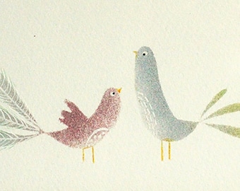 Two Birds original artwork, ink, paint, framed, gift, love birds