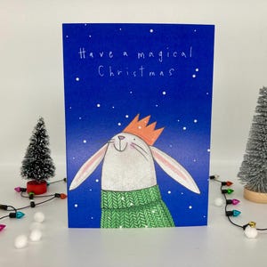 Obtenga un paquete mágico de 5 tarjetas navideñas. Conejo. Conejito. Tarjeta ilustrada. Maravilla. Copos de nieve. Personaje lindo.