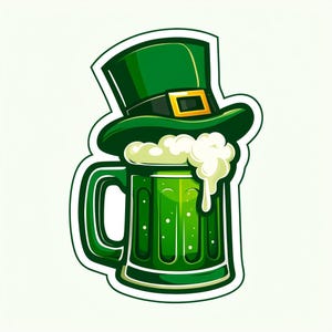 Peut inclure: Une chope de bière verte débordant de mousse, surmontée d'un chapeau de leprechaun vert avec une bande noire et une boucle dorée. La chope a une anse et est remplie de liquide vert, avec des bulles visibles.