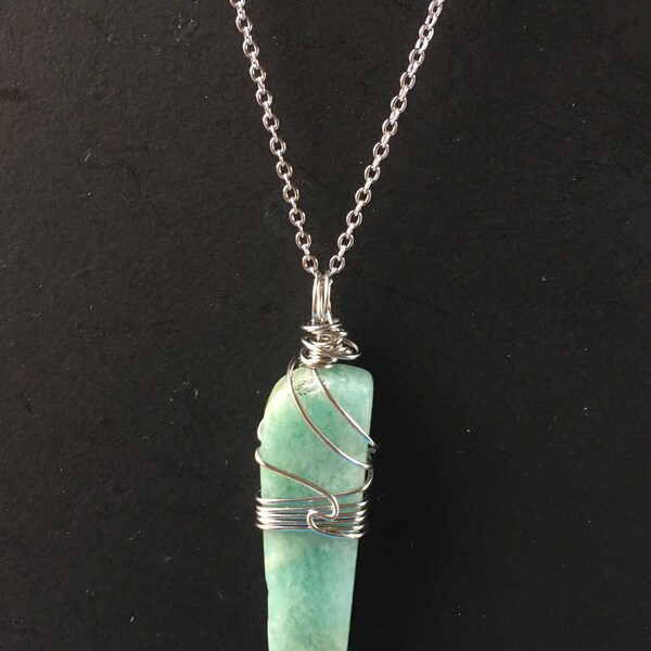 Natural Amazonite Wire Wrap Pendant/ Natural Amazonite Healing Crystal / Rectangle Stone/ Handmade Wire Wrap Necklace / Free U.K. shipping