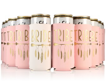 Golden Glitter Print Bride Tribe Koozies 11pc Bridesmaid Engagement Favors Team Bride Perfect Fit Drink Cooler Bridal Shower Decorations Almost Bride Store Bachelorette Party Coozies