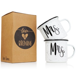 Mrs and Mrs Mugs - Stainless Steel Enamel Coated Campfire Coffee Mugs w/ Gift Box - Lesbian Couple - Same Sex Wedding - Lesbian Wedding Gift