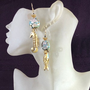 Seahorse, Fish, Gilded, Articulated, Coordinated, Asymmetrical, Mismatched, Long, Dangly, Drop Earrings. # 248.