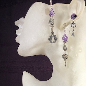 Set/3, Ch&#39;ing Dynasty Silver, Amethysts, Lightweight, Coordinated, Mismatched, Asymmetrical, Drop, Dangle Earrings, Artifacts, Asian. 325.