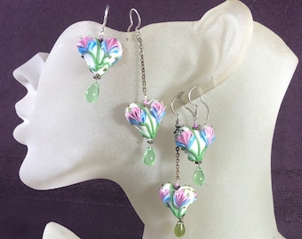 Set/4 Earrings, Hearts, Floral, Dramatic, Statement, Glass, Long, Dangly, Drop, #216.