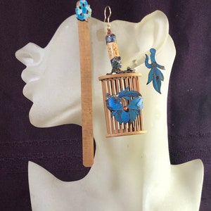 Set/3, Ch&#39;ing Dynasty, Antiques, On Bamboo, Wood, Asymmetric, Mismatched, Coordinated, Statement Earrings, 2 Posts, Litewgt, Extreme. #318