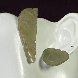 Ch&#39;ing Dynasty Carved Jade Post Earrings, Khaki or Olive Green, Asymmetric, Coordinated, Mismatched, Lightweight, Butterfly.  @467.