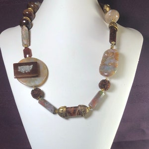 Statement Neckpiece, Necklace, Fancy Jasper, Ch&#39;ing Dynasty Jade, Brass, Glass, Browns, Russets. 2 Lengths. AA20.