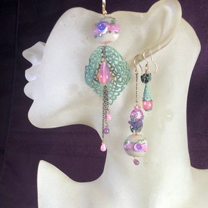 Set/3*, Pretty in Pink, Greened Brass, Floral, Glass, Long, Dangly, Drop Earrings, Avant Garde, Mismatched, Co-ordinated, Asymmetric. #375.