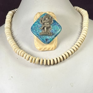 Pin and Necklace set. Bone/ Chrysocolla/Brass Ganesh, Remover of Obstacles, Beige/Turquoise/Aged Brass, Choose your length. AA130.