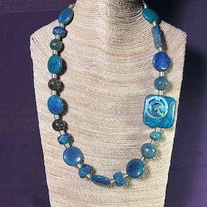 Necklace, Chrysocolla, Ch&#39;ing Dynasty accent, Antique, Brass, Turquoise blue, Olive green, Two lengths. #AA8.