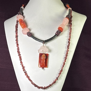 Set/2, Wear 2 Ways, Necklace of Rose Quartz, Carnelian, and Garnets, with Quan Yin (Goddess of Compassion). AA137