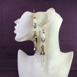 Spiritual, Buddha, Hand of Buddha, Asymmetric, Mismatched, Long, Asian, Ethnic, Statement, Yellow, Aqua, Pink, Earrings. 123.