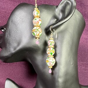 Floral Cloisonne, Pink/White/Green/Gold, Brass, Long, Dangly, Drop Earrings, Enamel. #560.