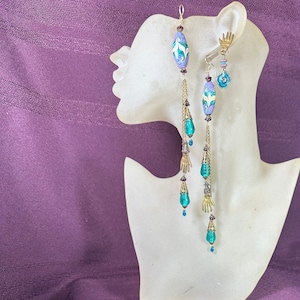 Set/3, Long, Dangly, Drop Earrings,  Hand of Fate, Aqua/Brass/Periwinkle, Glass, Art-Glass, Ch&#39;ing Dynasty Enamel, Post. #477.