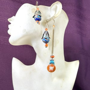 Set/3, Ch&#39;ing Dynastie Lange Tropfen, Patinierte Messing/Emaille/Karneol, Aqua/Orange/Dunkelgrün, Leichte Ohrringe, Koordiniert. #