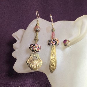 Set, Ch&#39;ing Dynasty Artifacts, Tourmaline, Stud, Gold, Pinks, Antique,Asymmetric, Mismatched, Long, Dangly, Drop, Statement, Earrings. #205.
