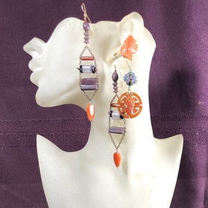 Set/3, Statement Earrings, Smokey Lavender, Peach, Spiritual, Quan Yin, Coordinated, Carved Shell, Asymmetric, Dramatic, Avant-Garde, #317