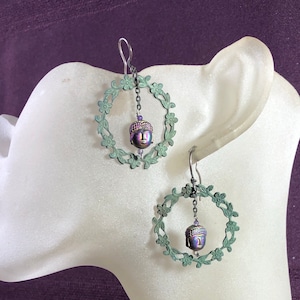 Buddha, Earrings, Patinated brass, Asian, Iridescent, Spiritual, Dangly, Drops, Sterling ear wires. #103