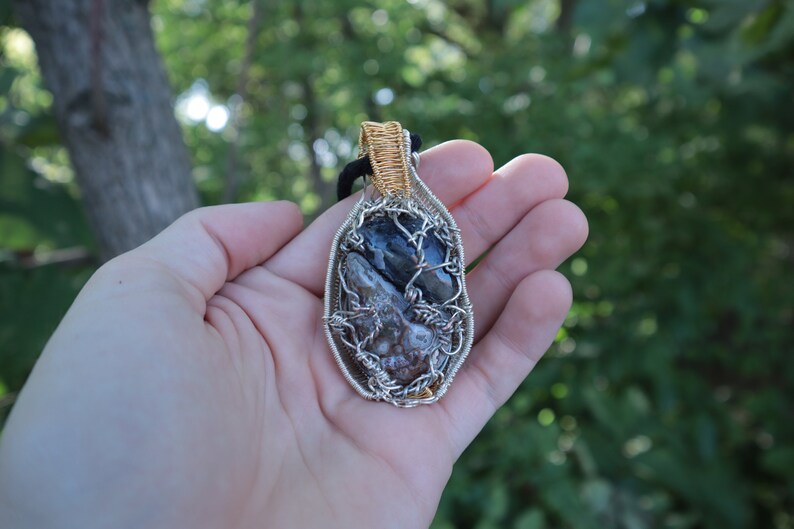 Wire Wrapped Polished IoliteSunstone and Crazy Lace Agate Silver and Gold plated Copper Wire Black Hemp Rope Necklace