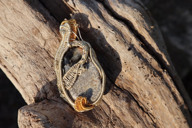 Wire Wrapped Polished IoliteSunstone and Crazy Lace Agate Silver and Gold plated Copper Wire Black Hemp Rope Necklace