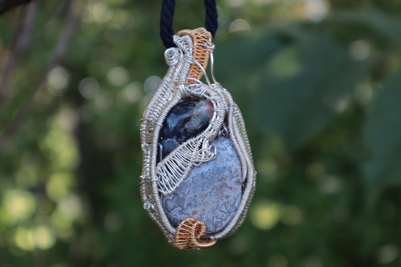 Wire Wrapped Polished IoliteSunstone and Crazy Lace Agate  Silver and Gold plated Copper Wire  Black Hemp Rope Necklace